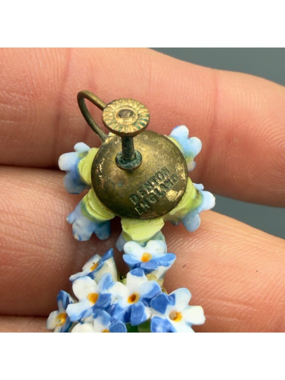 Vintage Denton England Blue Yellow Porcelain Flower Cluster Earrings Set of 2 - Picture 9 of 14